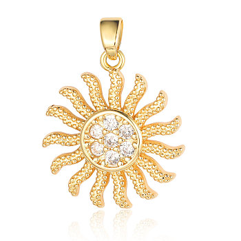 Brass Micro Pave Cubic Zirconia Pendants, Sun Charms, Real 18K Gold Plated, 21x18x2mm