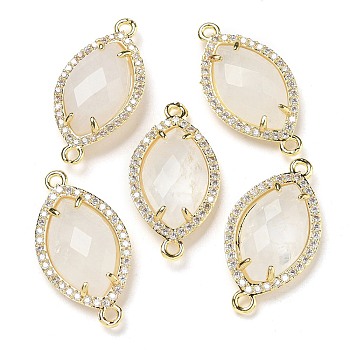 Natural Quartz Crystal Faceted Horse Eye Connector Charms, Rack Plating Brass Micro Pave Clear Cubic Zirconia Rock Crystal Links, Golden, 26.5~27x14x5mm, Hole: 1.6mm