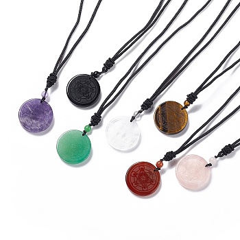 Natural Gemstone Flat Round with Hexagon Pendant Necklace with Nylon Cord for Women, 25.59~27.95 inch(65~71cm)