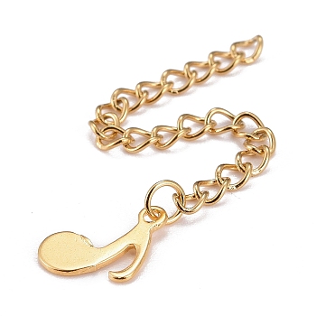 304 Stainless Steel Chain Extender, Curb Chain, with 202 Stainless Steel Charms, Music Note, Golden, 65mm, Link: 3.7x3x0.5mm, Music Note: 12x9x0.6mm