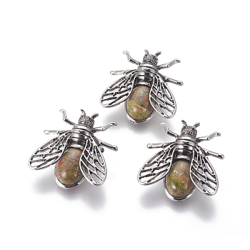 Natural Unakite Brooches, with Brass Findings, Cicada, Antique Silver, 38x36x8mm, Pin: 0.6mm