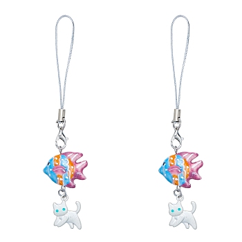 2Pcs Alloy Enamel & Handmade Porcelain Fish Cat Shape Mobile Straps, White, 116mm