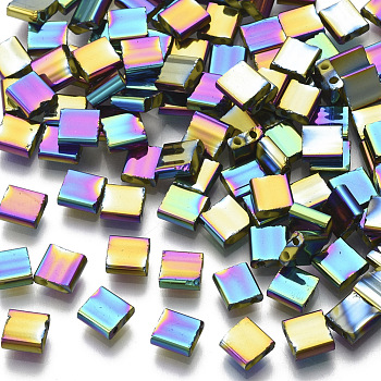 Electroplate Glass Seed Beads, 2-Hole, Rectangle, Multi-color Plated, 5x4.5~5.5x2~2.5mm, Hole: 0.5~0.8mm