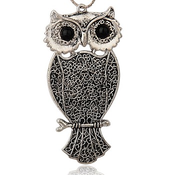 Tibetan Style Alloy Bird Large Pendants, with Resin, Owl, Antique Silver, Black, 91x45x5mm, Hole: 3mm
