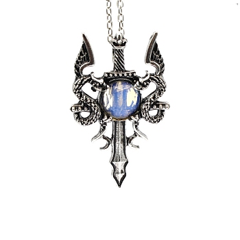Opalite Dragon Sword Pendant Necklace, Gothic Alloy Jewelry for Men Women, Antique Silver & Platinum, 19.69 inch(50cm)