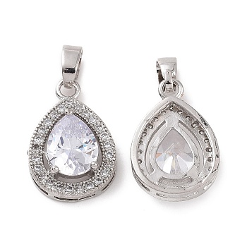 Brass Micro Pave Cubic Zirconia Pendants, with Glass, Teardrop Charm, Platinum, Clear, 18x12x6mm, Hole: 3x5mm
