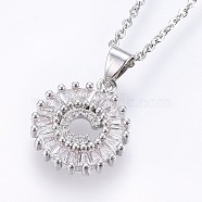304 Stainless Steel Initial Pendant Necklaces, with Cubic Zirconia, Flat Round with Letter, Stainless Steel Color, Letter.C, 17.71 inch(45cm), Pendant: 22x16x3mm(NJEW-H486-30P-C)