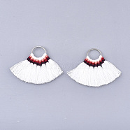 Polycotton(Polyester Cotton) Tassel Pendant Decorations, with Brass Findings, Fan, Platinum, White, 40~45x48~57x3mm, Hole: 13mm(X-FIND-S287-16)