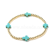 Synthetic Hematite Round Beaded Stretch Bracelet with Synthetic Turquoise(Dyed) Cross, Gemstone Jewelry for Women, Turquoise(Dyed), Inner Diameter: 2-1/4 inch(5.8cm)(BJEW-JB07974-01)