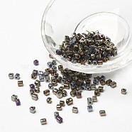 Plated Glass Seed Beads, Round Hole, Cube, Black Plated, 3~7x3x3mm, Hole: 0.5mm, about 4500pcs/bag, 440~450g/bag(SEED-R026-C02)