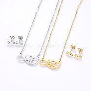 304 Stainless Steel Jewelry Sets, Stud Earrings and Pendant Necklaces, Infinity with Word Love, Mixed Color, Necklace: 18.9 inch(48cm), Stud Earrings: 5x10x1.2mm, Pin: 0.8mm(SJEW-O090-27)