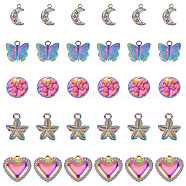 DICOSMETIC 30Pcs 5 Style 304 Stainless Steel Charms, 3D Butterfly & Starfish & Moon & Heart & Flat Round, Rainbow Color, 12~15.5x12~15x1~3mm, Hole: 1.2~2mm, 6pcs/style(STAS-DC0009-31)