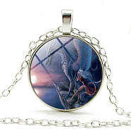 Dragon Theme Glass Round Pendant Necklace with Alloy Chains, Mauve, 20.47 inch(52cm)(WG10203-04)