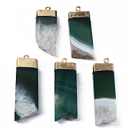 Natural Agate Pendants, Dyed, with Golden Brass Findings, Rack Plating, Nuggets, Green, 40~50x14.5~17x7.5~8.5mm, Hole: 1.8mm(G-Q998-039E)