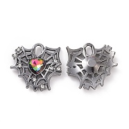 Rack Plating Alloy Glass Pendants, Cadmium Free & Lead Free & Nickle Free, Gunmetal Tone Spider Web & Heart Charms, Colorful, 26x25x5mm, Hole: 6x3mm(FIND-I037-36A)