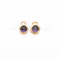 Brass Charms, with Rhinestone, Nickel Free, Real 18K Gold Plated, Flat Round, Deep Tanzanite, 8x5x3mm, Hole: 1.4mm(KK-S364-160A)