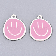 Spray Painted Alloy Pendants,  Cadmium Free & Lead Free, with Pink Enamel, Smiling Face, White, 24x20x1mm, Hole: 2mm(X-ENAM-S127-026D-RS)