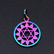 Chakra Theme Ion Plating(IP) 201 Stainless Steel Charms, Laser Cut Pendants, with Jump Rings, Flat Round, Rainbow Color, Anahata, 13.5x11.5x1mm, Hole: 3mm(STAS-T054-JN403Q-4)