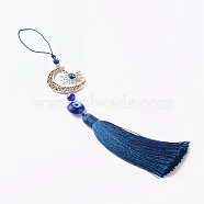 Nylon Tassel Big Pendants Decorations, Handmade Lampwork Bead, Tibetan Style Alloy Sun Pendants & Hollow Moon Links Connectors, Marine Blue, 255mm(HJEW-JM00493)