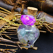 Natural Fluorite Chips Perfume Bottle Necklace, Glass Pendant Necklace with Alloy Chains for Women, 19.69 inch(50cm)(BOTT-PW0008-01C)