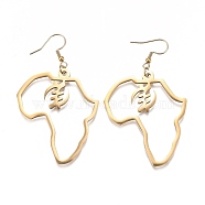 201 Stainless Steel Dangle Earrings, Africa Map, Adinkra Gye Nyame, Real 18K Gold Plated, 71mm, Pin: 0.8mm(EJEW-O101-01G)