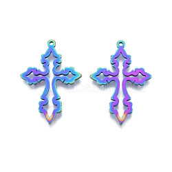 Ion Plating(IP) 201 Stainless Steel Pendant,  Hollow Charms, Cross, Rainbow Color, 33x23x1.5mm, Hole: 1.4mm(STAS-B027-15MC)