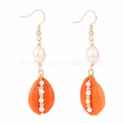 Spray Paint Cowrie Shell Dangle Earrings, with Shell Pearl Beads, Brass Earring Hoops and Brass Beads, Real 18K Gold Plated, Orange Red, 60~63mm, Pin: 0.6mm(EJEW-JE04369-05)