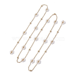 Flower Handmade Acrylic Imitation Pearl Beaded Link Chain, with 304 Stainless Steel Satellite Chains, Soldered, Golden, 11x4mm, about 3.18 Feet(0.97m)/pc(AJEW-JB01208-01)