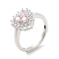 Rack Plating Brass Micro Pave Pink & Crystal Cubic Zirconia Heart Adjustable Rings, Cadmium Free & Lead Free, Long-Lasting Plated, Platinum, US Size 4 3/4, 2mm, Inner Diameter: 15.4mm(RJEW-E064-17P)