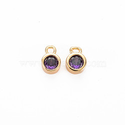 Brass Charms, with Rhinestone, Nickel Free, Real 18K Gold Plated, Flat Round, Deep Tanzanite, 8x5x3mm, Hole: 1.4mm(KK-S364-160A)
