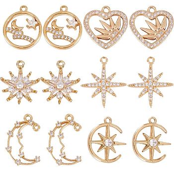 12Pcs 6 Style Brass Micro Pave Cubic Zirconia Pendants, Light Gold, Long-Lasting Plated, Cadmium Free & Lead Free, Star & Moon Charm, Clear, 17~21x13.5~18x2~4mm, Hole: 1~1.6mm, 2pcs/style