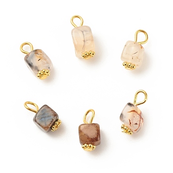 Natural Agate Pendants, with Golden Plated Iron Findings, Cube, Bisque, 14~16x7~8x6~7.5mm, Hole: 2~4mm