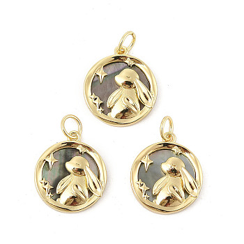 Brass Pave Natural Paua Shell/Abalone Shell Pendants, Flat Round with Rabbit Charms, Rack Plating, with Jump Rings, Real 18K Gold Plated, 16.5x14.5x3.5mm, Hole: 3.5mm