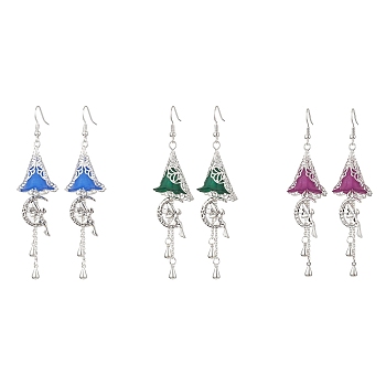 3 Pairs Alloy & Brass & Acrylic Dangle Earrings, Fairy & Flower Long Drop Earrings, Mixed Color, 85x22.5mm