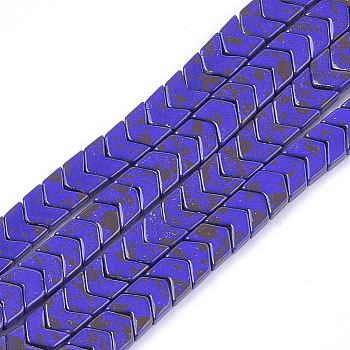 Spray Painted Non-magnetic Synthetic Hematite Beads Strands, Arrow/Chevron, Blue, 6x6x2.5mm, Hole: 0.7mm, about 108pcs/strand, 15.9 inch
