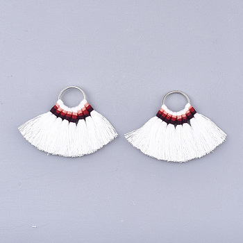 Polycotton(Polyester Cotton) Tassel Pendant Decorations, with Brass Findings, Fan, Platinum, White, 40~45x48~57x3mm, Hole: 13mm