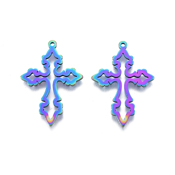 Ion Plating(IP) 201 Stainless Steel Pendant,  Hollow Charms, Cross, Rainbow Color, 33x23x1.5mm, Hole: 1.4mm