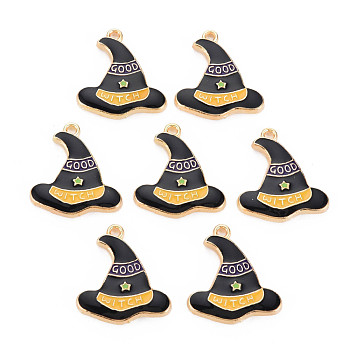 Light Gold Alloy Enamel Pendants, Cadmium Free & Nickel Free & Lead Free, Witch Hat with Star & Word GOOD WITCH, Black, 24.5x22x3mm, Hole: 1.8mm
