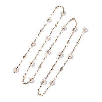 Flower Handmade Acrylic Imitation Pearl Beaded Link Chain, with 304 Stainless Steel Satellite Chains, Soldered, Golden, 11x4mm, about 3.18 Feet(0.97m)/pc