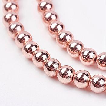 Non-magnetic Synthetic Hematite Bead Strands, Round, Rose Gold Plated, 4mm, Hole: 1mm, about 103pcs/strand, 15.7 inch