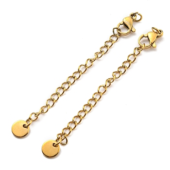 304 Stainless Steel Curb Chain Extender, End Chains with Lobster Claw Clasps and Flat Round Chain Tabs, Real 18K Gold Plated, 66mm