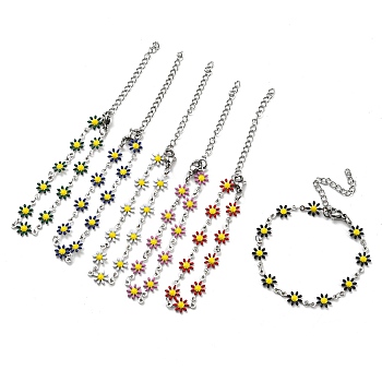 304 Stainless Steel Flower Link Chain Bracelets with Enamel, Mixed Color, 6-1/2 inch(16.5cm)