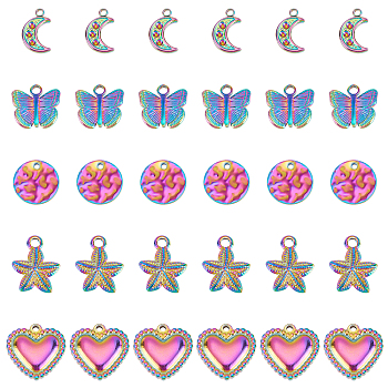 DICOSMETIC 30Pcs 5 Style 304 Stainless Steel Charms, 3D Butterfly & Starfish & Moon & Heart & Flat Round, Rainbow Color, 12~15.5x12~15x1~3mm, Hole: 1.2~2mm, 6pcs/style