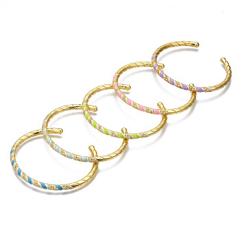 Cubic Zirconia Twist Rope Shape Cuff Bangle, Real 18K Gold Plated Brass Enamel Open Bangle, Torque Bangles for Women, Nickel Free, Mixed Color, Inner Diameter: 2-1/4 inch(5.6cm)