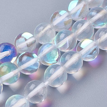 Synthetic Moonstone Beads Strands, Holographic Beads, Round, Clear, 10mm, Hole: 1mm, about 39pcs/strand, 15.16 inch(38.5cm)