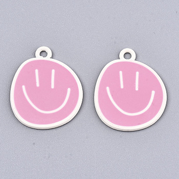 Spray Painted Alloy Pendants,  Cadmium Free & Lead Free, with Pink Enamel, Smiling Face, White, 24x20x1mm, Hole: 2mm