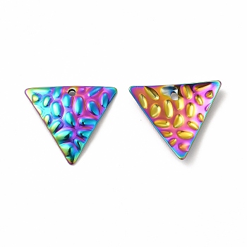 Ion Plating(IP) 304 Stainless Steel Pendants, Textured, Triangle Charm, Rainbow Color, 15x17x2mm, Hole: 1.2mm