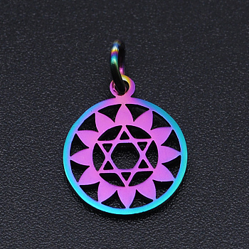 Chakra Theme Ion Plating(IP) 201 Stainless Steel Charms, Laser Cut Pendants, with Jump Rings, Flat Round, Rainbow Color, Anahata, 13.5x11.5x1mm, Hole: 3mm
