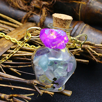 Natural Fluorite Chips Perfume Bottle Necklace, Glass Pendant Necklace with Alloy Chains for Women, 19.69 inch(50cm)