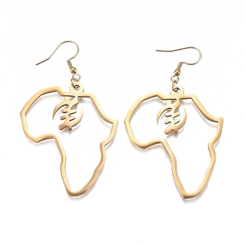201 Stainless Steel Dangle Earrings, Africa Map, Adinkra Gye Nyame, Real 18K Gold Plated, 71mm, Pin: 0.8mm